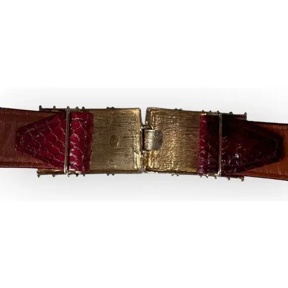 Vtg Alexis Kirk Belt Gold Ornate Buckle Red Snakeskin 